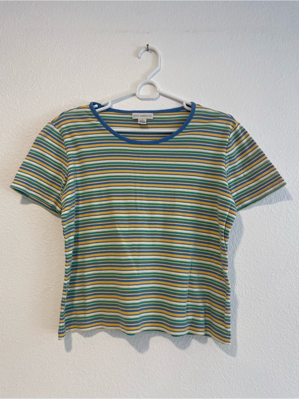 Petite Sophisticate Striped Short Sleeve Tee in Blue, Green, Yellow, Cream